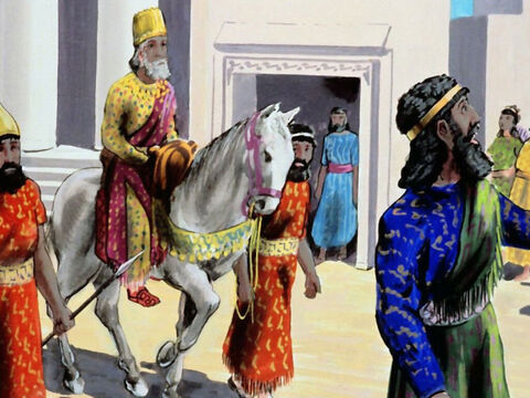 So Haman had to dress Mordecai in the king’s clothes, and publically proclaim him specially honoured by the king. – Slide 39