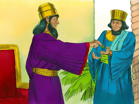 The King took off his signet ring and gave it to Haman. ‘Keep the money and do to these people what you think is best.’ – Slide 20