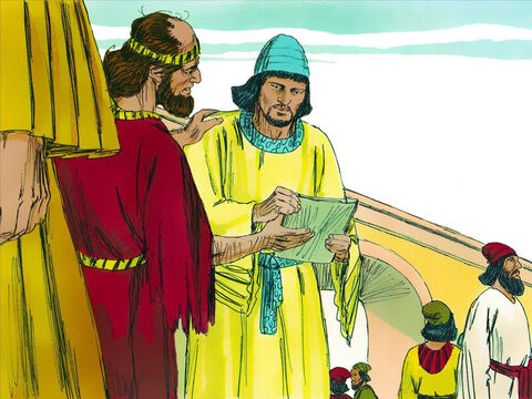 Hathak was sent again by Esther to find out what was troubling Mordecai. Mordecai gave Hathak the text of the new law and explained how much Haman had promised to pay into the treasury to destroy the Jews. He asked Hathak to tell Esther to go into the King’s presence to beg for mercy and plead with him to save her people, the Jews. – Slide 4