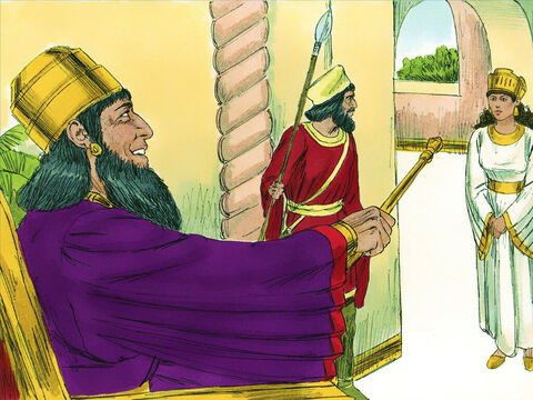Chapter 5: On the third day Esther put on her royal robes and stood in the inner court of the palace in front of the King’s hall. When the King saw her, he was pleased and held out his golden sceptre to spare her life. – Slide 8