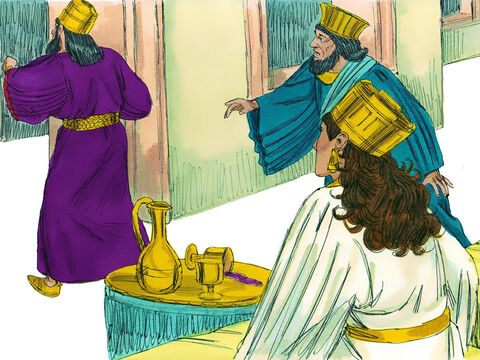 ‘An enemy,’ replied Esther, ‘This vile Haman.’ Haman looked terrified. The King got up in a rage and went out into the palace garden. – Slide 3