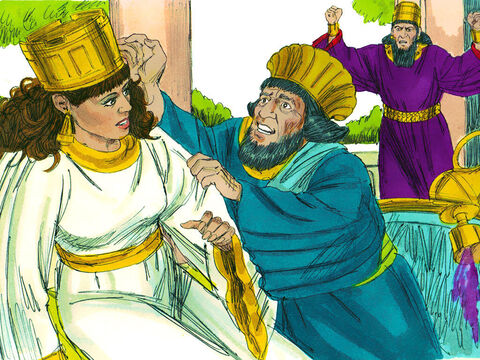 Haman started begging Esther to save his life. The King returned to find Haman falling on the couch where Esther was reclining. Guards were called to seize Haman. One of the King’s attendants reported, ‘Haman has erected a pole by his house. He was planning to impale Mordecai on it.’ – Slide 4