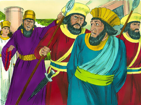 ‘Impale Haman on it,’ the King ordered. Haman was led out to be executed. Then the King’s fury subsided. – Slide 5