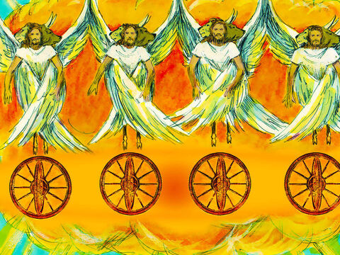 As Ekekiel looked, he noticed wheels the colour of beryl beside each one. There was a wheel within each wheel so they could move in any direction and the wheel rims were full of eyes. Wherever the creatures went, the wheels went with them because the spirit of the creatures was in the wheels. The noise of their wings was like the sound of thundering waters or a mighty army. – Slide 6