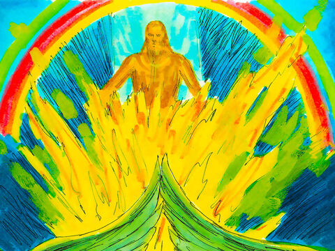 Above the four creatures was a space of awesome crystal and a throne of sapphire. On the throne was Someone with the appearance of a man. His lower half was like fire and His top half was the colour of amber and fire with bright colour all around like a rainbow. – Slide 7