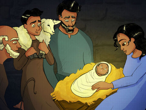 The shepherds ran down from the hills. <br/>They saw baby Jesus and stood very still. <br/>They worshipped and bowed down, and told everyone in town. <br/>Goodwill and peace on earth is what God brings. <br/>Born this day is God’s Son, the newborn King. – Slide 8