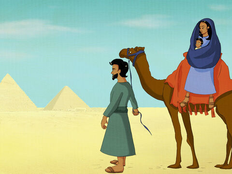 To Egypt, Joseph and Mary and Jesus must go. <br/>Joseph packed the camel with Mary and Jesus in tow. <br/>God would keep His promise to save the world from their sin. <br/>Jesus would bring people back to God again. – Slide 15