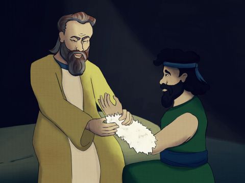 ‘How did you find the game so quickly?’ Isaac asked. <br/>Jacob replied, ‘Your God put the game right in front of my path!’ <br/>Isaac tested Jacob, ‘Come close to me so I can touch you, my son.’ <br/>Isaac touched the goat skins that covered Jacob’s arms, but the test was not done. – Slide 6