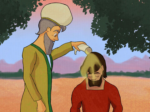 Samuel said,’God wants me to tell you He chose you to be king.’ <br/> So he poured oil on Saul’s head to anoint him with God’s blessing. – Slide 2