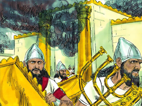 The Babylonians entered the city. They raided the Temple and took all items made of gold, silver and bronze. They looted the homes. Then they set fire to the Temple, the palace and other fine buildings. – Slide 11