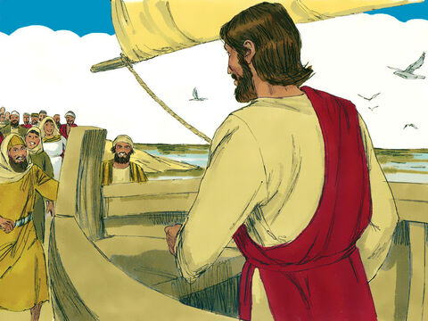 A large crowd, many of them pilgrims on their way to the Passover feast in Jerusalem, watched the boat and followed it around the coast on foot to meet Jesus. – Slide 2