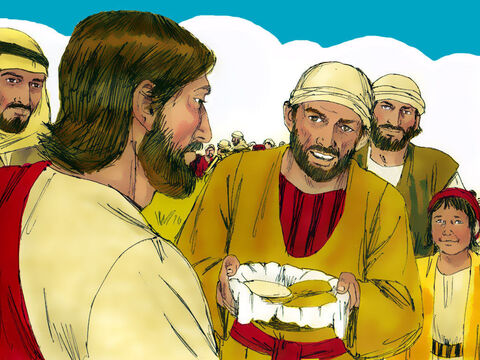 Andrew, Simon Peter’s brother, spoke up. ‘There’s a young boy here with five barley loaves and a couple of fish! But what good is that with all these mouths to feed?’ – Slide 7