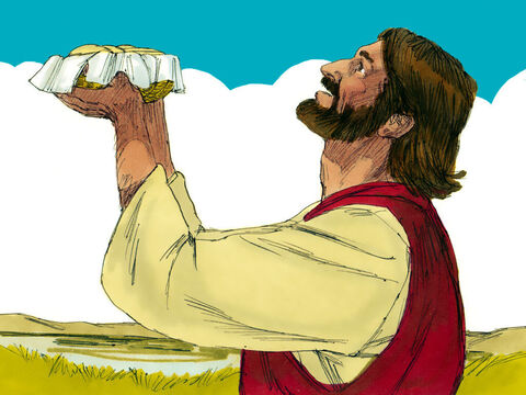 Jesus took the five loaves and two fish, looked up into the sky, and gave thanks. Then He broke off pieces for His disciples to set before the crowd. – Slide 9