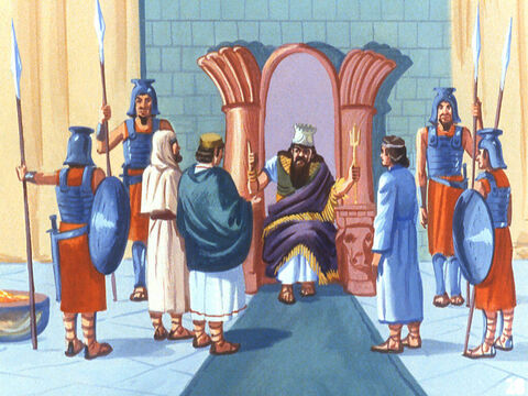 Shadrach, Meshach and Abednego were hurried to the royal pavilion. And when the king asked them if it was true they had not bowed down to the golden images they told him it was true. – Slide 23