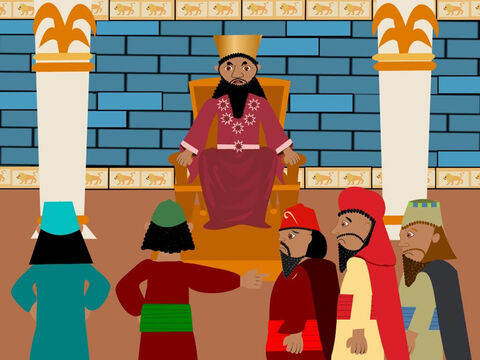 The king was very angry with the three friends. He wanted to know if it was true what the men had told him. He gave them another chance to go back to the statue and bow before it. If they would not obey him he warned that they would be thrown into a terrible fire! – Slide 5