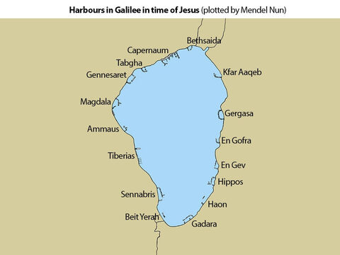 This map shows the harbours around Galilee in the time of Jesus. They were plotted by a fisherman, Mendel Nun, between 1989-1991 when there was a severe drought and the water levels fell. – Slide 8