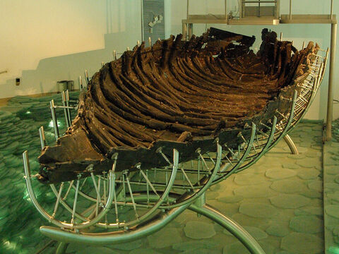 In 1978, when the waters receded in a drought, an ancient fishing boat dated from the time of Jesus was found on the north-west shore by two local fishermen, Moshe and Yuval Lufan. The boat has been dated to 40 BC (plus or minus 80 years) based on radio-carbon dating and 50 BC to AD 50 based on finds of pottery and nails in the boat. – Slide 10