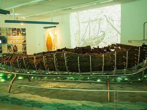 The remains are exhibited in the Yigal Allon museum in Kibbutz Ginosar. The boat was 27 feet (8.27 m) long, 7.5 feet (2.3 m) wide and with a maximum preserved height of 4.3 feet (1.3 m). – Slide 11