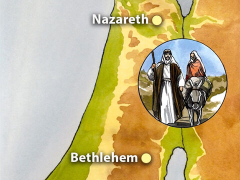 Everyone went to his own town to be registered. So Joseph also went up from the town of Nazareth in Galilee to Judea, to the city of David called Bethlehem, because he was of the house and family line of David. – Slide 2