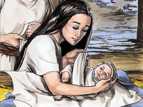 And she gave birth to her firstborn son and wrapped him in strips of cloth and laid him in a manger, because there was no place for them in the inn. – Slide 5