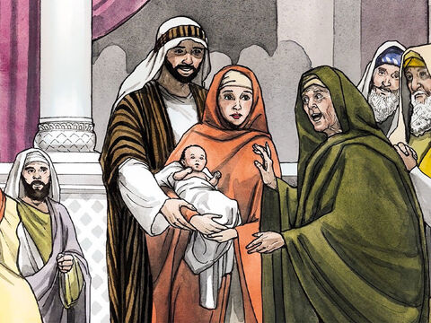 At that moment, she came up to them and began to give thanks to God and to speak about the child to all who were waiting for the redemption of Jerusalem. – Slide 11
