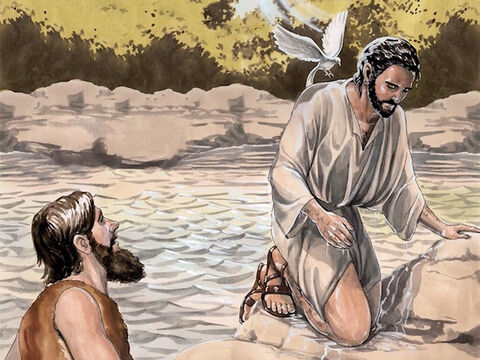 After Jesus was baptised, just as He was coming up out of the water, the heavens opened and He saw the Spirit of God descending like a dove and coming on Him. – Slide 5