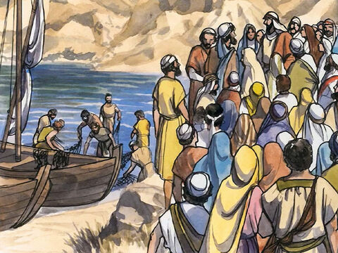 He saw two boats by the lake, but the fishermen had got out of them and were washing their nets. – Slide 2