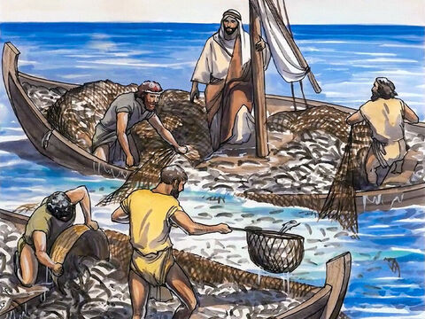 So they motioned to their partners in the other boat to come and help them. And they came and filled both boats, so that they were about to sink. – Slide 8