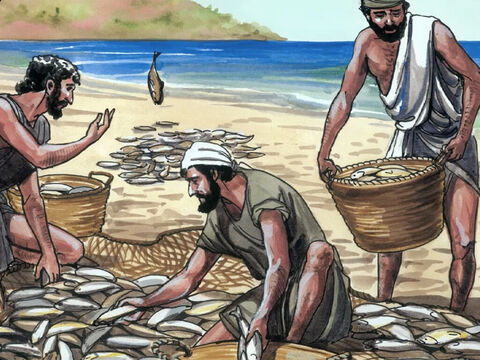 ‘Again, the kingdom of heaven is like a net that was cast into the sea that caught all kinds of fish. When it was full, they pulled it ashore, sat down, and put the good fish into containers and threw the bad away. – Slide 6