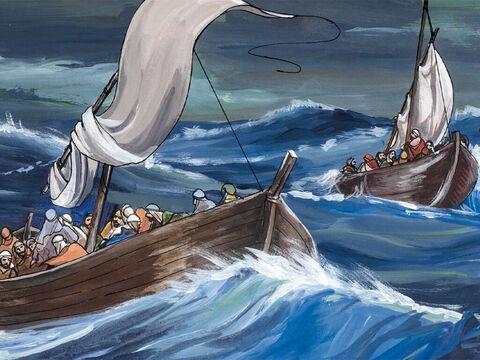 As He got into the boat, His disciples followed Him. And a great storm developed on the sea … – Slide 2