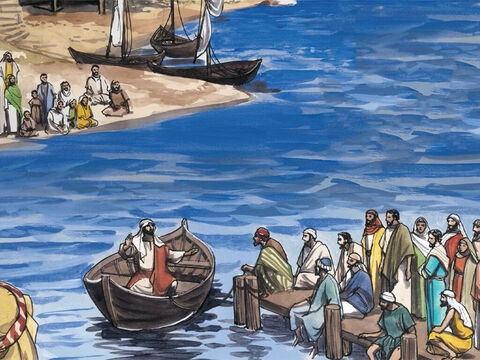 Jesus went and sat by the lake. And such a large crowd gathered around Him that He got into a boat to sit down … – Slide 1