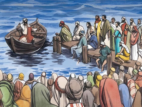 … while the whole crowd stood on the shore. He told them many things in parables, saying: – Slide 2