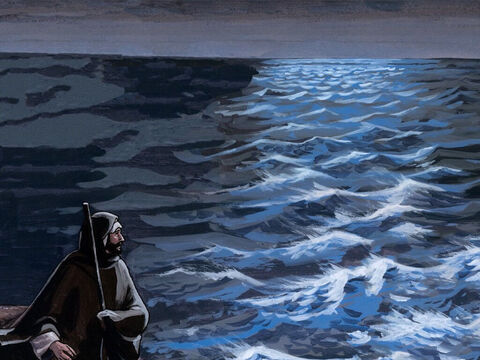 When evening came, He was there alone. Meanwhile the boat, already far from land, was taking a beating from the waves because the wind was against it. – Slide 3