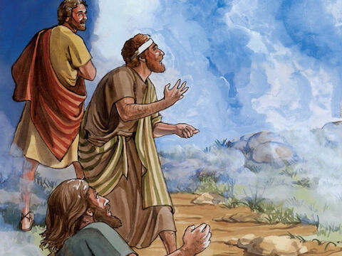 Then as the men were starting to leave, Peter said to Jesus, ‘Master, it is good for us to be here. Let us make three shelters, one for you and one for Moses and one for Elijah’ – not knowing what he was saying. – Slide 5