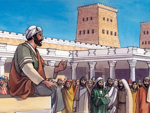 Early in the morning He came to the temple courts again. All the people came to Him, and He sat down and began to teach them. – Slide 2