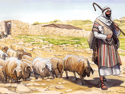 ‘When he has brought all his own sheep out, he goes ahead of them, and the sheep follow him because they recognise his voice. <br/>‘They will never follow a stranger, but will run away from him, because they do not recognise the stranger’s voice.’ – Slide 3