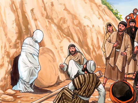 Lazarus came out, his feet and hands tied up with strips of cloth, and a cloth wrapped around his face. – Slide 12