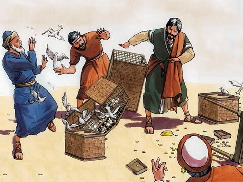 He turned over the tables of the money-changers and the chairs of those selling doves, and He would not permit anyone to carry merchandise through the temple courts. – Slide 4