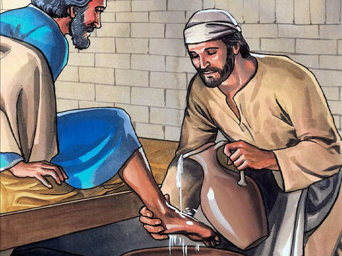 Jesus poured water into the washbasin and began to wash the disciples’ feet and to dry them with the towel He had wrapped around himself. – Slide 6