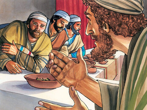 One of His disciples, the one Jesus loved, was at the table to the right of Jesus in a place of honour. So Simon Peter gestured to this disciple to ask Jesus who it was He was referring to. – Slide 3