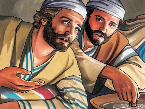 Then the disciple whom Jesus loved leaned back against Jesus’ chest and asked Him, ‘Lord, who is it?’<br/>Jesus replied, ‘It is the one to whom I will give this piece of bread after I have dipped it in the dish.’ – Slide 4