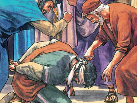 Then they blindfolded Him, spat in His face and struck Him with their fists. Some slapped Him saying, ‘Prophesy for us you Christ, who hit you?’ – Slide 13
