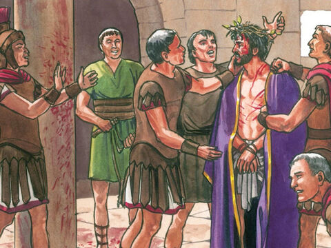 And they clothed Him in a purple robe. They came up to Him again and again and said, ‘Hail King of the Jews!’ And they struck Him repeatedly in the face. – Slide 11
