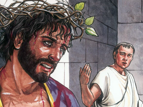 So Jesus came outside, wearing the crown of thorns and the purple robe. Pilate said, ‘Look here is the man.’ – Slide 2