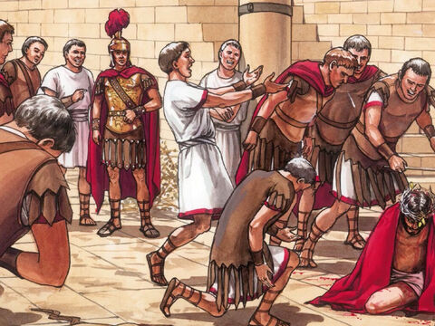 Then the Governor’s soldiers took Jesus. They stripped Him, put a scarlet robe around Him, a crown of thorns on His head and kneeling down before Him they mocked Him, ‘Hail King of the Jews.’ – Slide 1