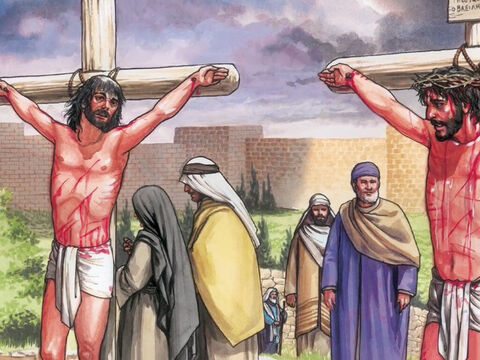 Those who were crucified with Him also spoke abusively to Him. One of the criminals hanging there railed at Him saying, ‘Are you the Christ? Save yourself and us.’ – Slide 3