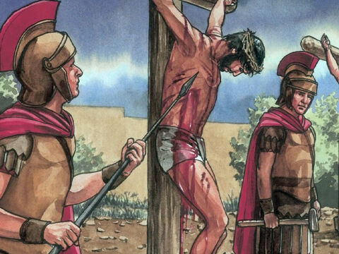 But one of the soldiers pierced Him in the side with a spear. And blood and water flowed out immediately. For these things happened so that the scriptures would be fulfilled, ‘Not a bone of His will be broken.’ And again another scripture says, ‘They will look on the One they had pierced.’ – Slide 5