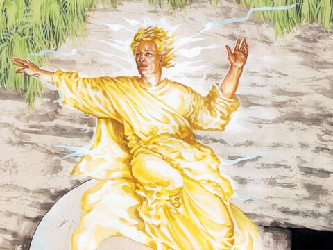 Suddenly there was a severe earthquake, for an angel of the Lord, descending from heaven, came and rolled away the stone and sat on it. His appearance was like lightning and his clothes were white as snow. – Slide 1