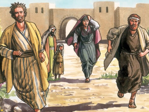 Then Peter and the other disciple set out to go to the tomb. The two were running together. The other disciple ran faster than Peter and reached the tomb first. – Slide 13