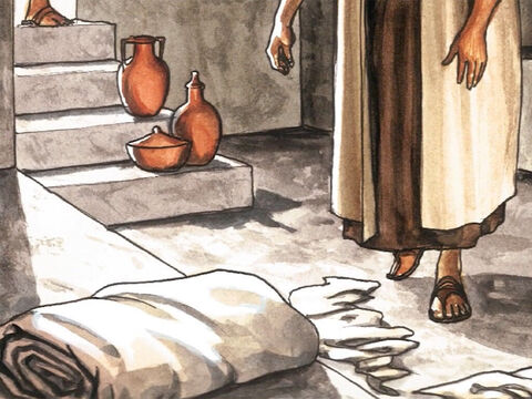 He saw the strips of linen cloth lying there and the facecloth, which had been around Jesus' head, not lying with the strips of linen cloth but rolled up in a place by itself. – Slide 16